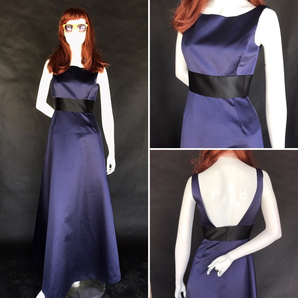 Navy blue satin ball gown